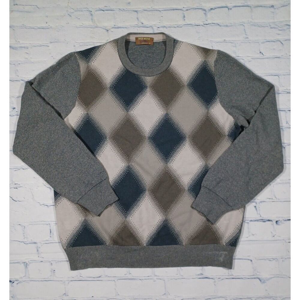 Dalmine Sweater Mens Sz L‎ 56 Gray Diamond Pattern Made In Italy Wool Vtg